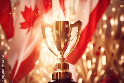 Golden trophy and streamers in sport competition with Canada flag in background. photo