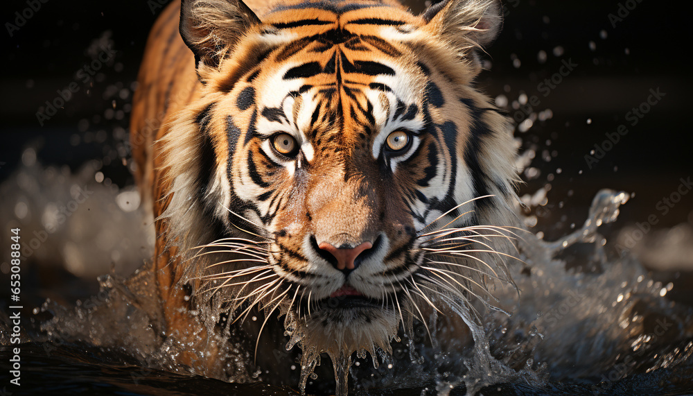 Bengal tiger, fierce and majestic, stares into reflection generated by AI