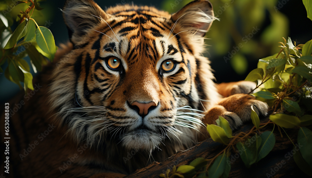 Bengal tiger, fierce and beautiful, hides in tropical rainforest generated by AI Bengal tiger, fierce and beautiful, hides in tropical rainforest generated by AI