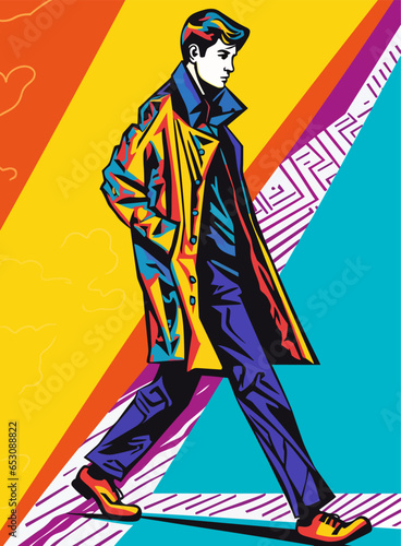 Male model in a stylish outfit walks pop art style, bright colors, simple stylish graphics