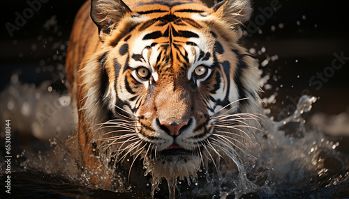 Bengal tiger  fierce and majestic  stares into reflection generated by AI