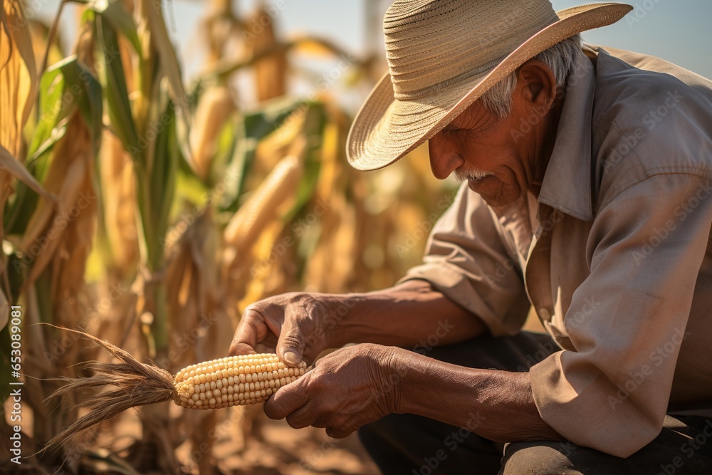 Farmer checks corns.