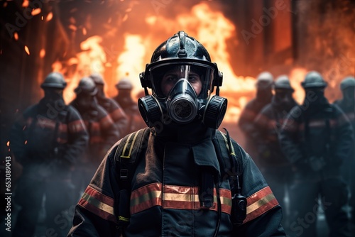 Firefighter in mask with fire in background. 
