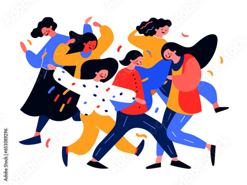 Group of girls and women dancing and jumping  celebrating holidays  corporative party. Funny cartoon graphic  vector art  bright and stylish.