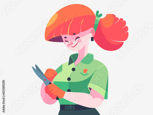 Red-haired girl gardener in a green T-shirt in a cartoon style, vector illustration