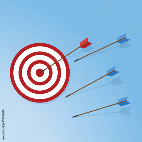 Blue arrows missed hitting target and only red one hits the center. Business challenge failure and success concept. 