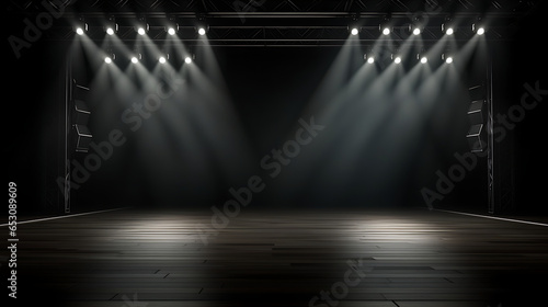 Spotlights illuminate empty stage with dark background