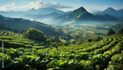 Mountain farm landscape, green meadow, rice paddy, tranquil water, panoramic view generated by AI