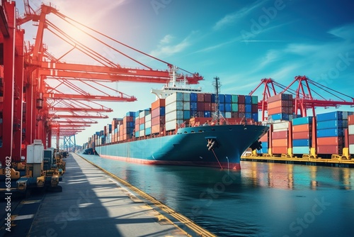 Container ship docked at a busy port.