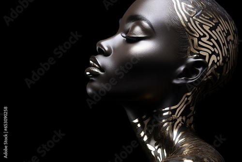 African woman with silver makeup on black background.
