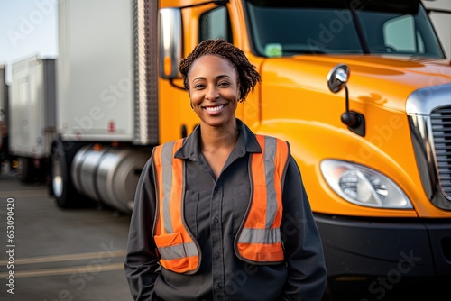 A smiling female truck driver.