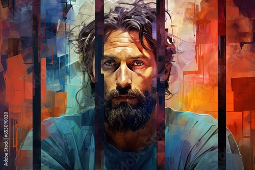 Colorful painting art portrait of Paul the apostle in prison.
