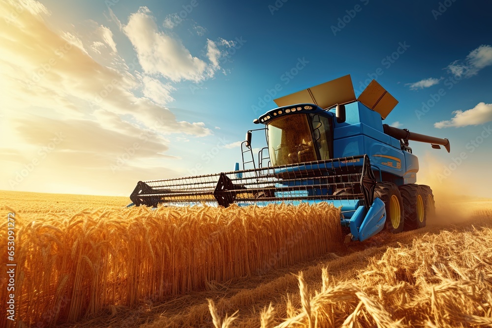 A combine in a wheat field. - obrazy, fototapety, plakaty 
