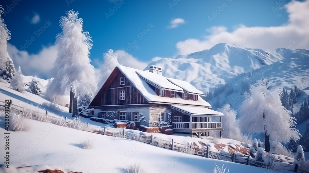 A beautiful house in the middle of snowy mountains, AI-generated.
