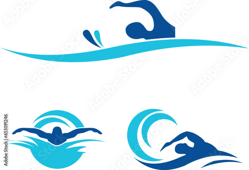 Simple Blue Swimming logo silhouette Sea Ocean Water Wave Logo design, Swimming logo vector, Blue swimming logo with abstract silhouette, swimming person vector for swimming sport athlete logo design