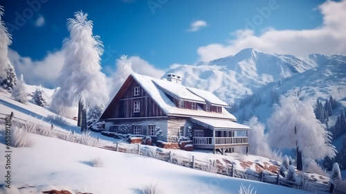 A beautiful house in the middle of snowy mountains, AI-generated.