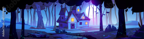 House in woods at night under moonlight. Cozy, calm house with light in windows stands among trees in dark nighttime. Cartoon vector forest landscape with fireflies and full moon, countryside cabin.