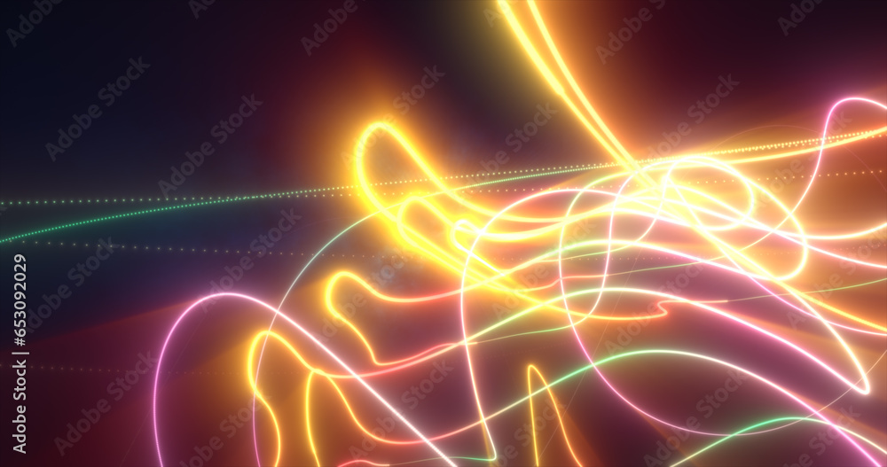 Abstract yellow glowing neon energy laser lines flying on a black background Abstract yellow glowing neon energy laser lines flying on a black background