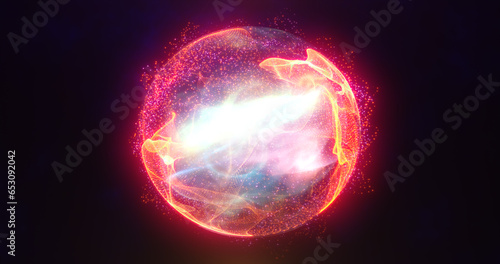 Abstract energy sphere with glowing bright particles, atom from energy scientific futuristic hi-tech background