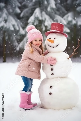 A little girl makes a snowman for the New Year. Snow is blowing, forest in the background. The girl is wearing a pink hat, jacket and pink boots.