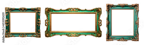 Green carved wooden frame. Carved gilded frame on isolated background, Neoclassical full picture frame.