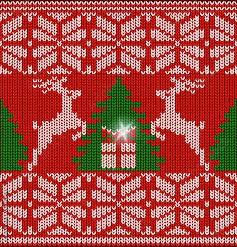 Knitted New 2024 year card with gift box and xmas deers, vector illustration	