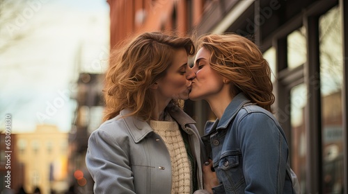 Lesbian couple kissing during a romantic date at sunset on the streets of Madrid photo