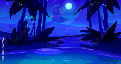 Night sky in desert with lake game vector background. 2d egyptian oasis above full moon light nature landscape. Arabian summer panorama wallpaper with mythology landmark and palm tree on midnight