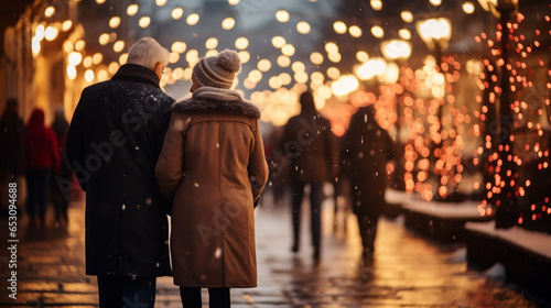 back view of couple walking on snowy street with christmas lights on background photo