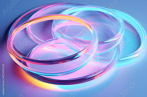 Glass Disc Shapes With Colorful Reflections Composition. 3d Rendering Illustration.