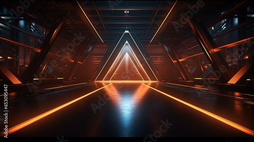 Sci Fi Futuristic Stage Neon Glowing Gradient Vibrant orange Metal Shiny Glossy stage Mesh Floor Clean Modern Spaceship Cyber Background, 3D illustration