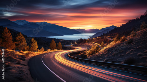 Winding lakeside road at night, bathed in the ethereal glow of moving car lights and a surreal sunset
