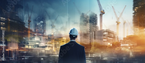rear view of professional engineer manager standing concentrate focus multi exposure with building construction industry background construstion engineer concept