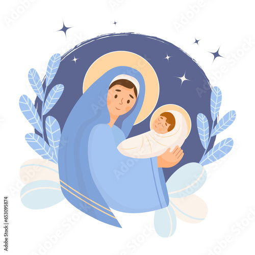 Christmas. Virgin Mary and baby Jesus. Birth of Savior Christ. Holy Night. Vector illustration in cartoon flat style for Xmas holiday design