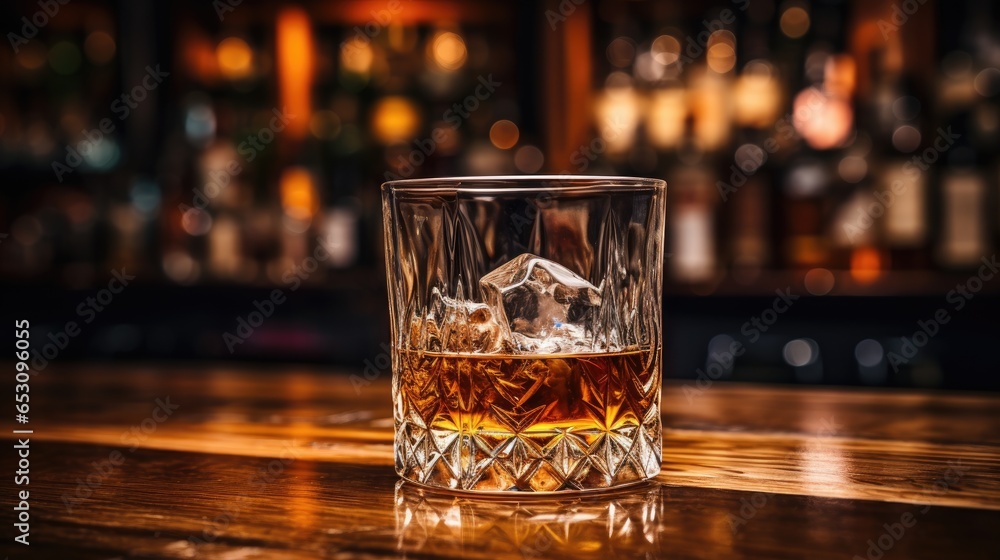 A glass of whiskey on the bar table behind the bar A glass of whiskey on the bar table behind the bar