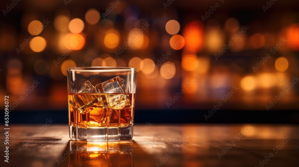 A glass of whiskey on the bar table behind the bar - obrazy, fototapety, plakaty 