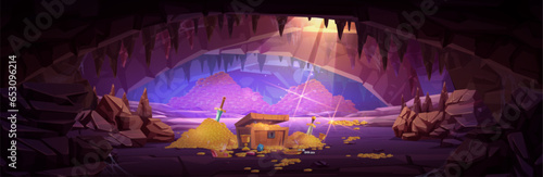Large cave with piles of gold. Vector cartoon illustration of underground dungeon with treasure chest full of golden coins, sparkling gemstones, jewelry, medieval swords, adventure game background