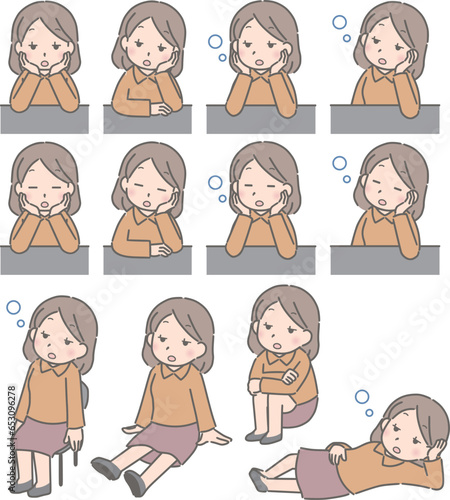 ぼーっとする若い女性の色々なポーズ（私服）