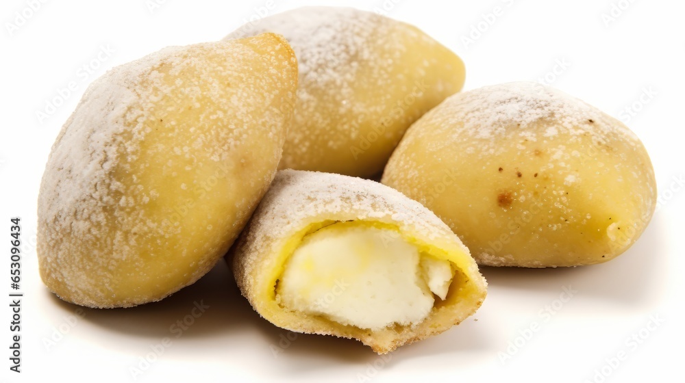 A pile of powdered sugar covered pastries on a white background A pile of powdered sugar covered pastries on a white background