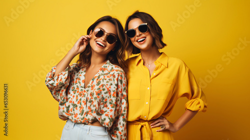 Duo of joyful brunette women in summer attire against a bright yellow wall