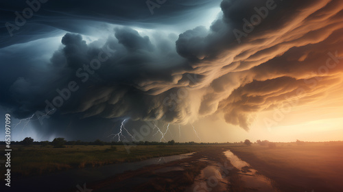 Amazing thunderstorm tornado supercell cloud with lightning bolts flashing over horizon. 