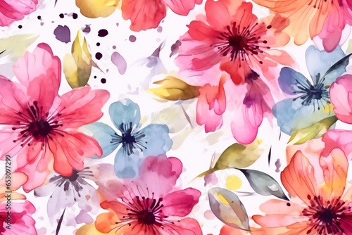 watercolor painting colorful splashes on a white floral background flower leaf. generative ai.