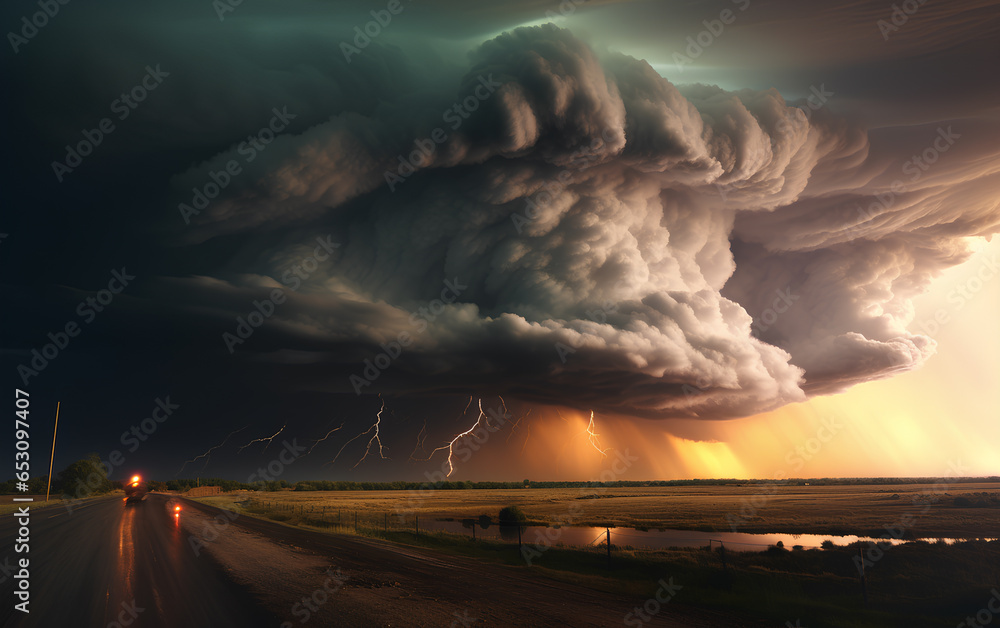 Amazing thunderstorm tornado supercell cloud on road. Amazing thunderstorm tornado supercell cloud on road.