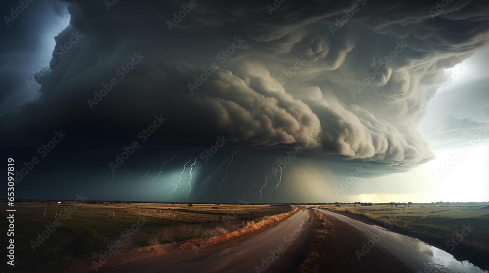 Amazing thunderstorm tornado supercell cloud on road. Amazing thunderstorm tornado supercell cloud on road.