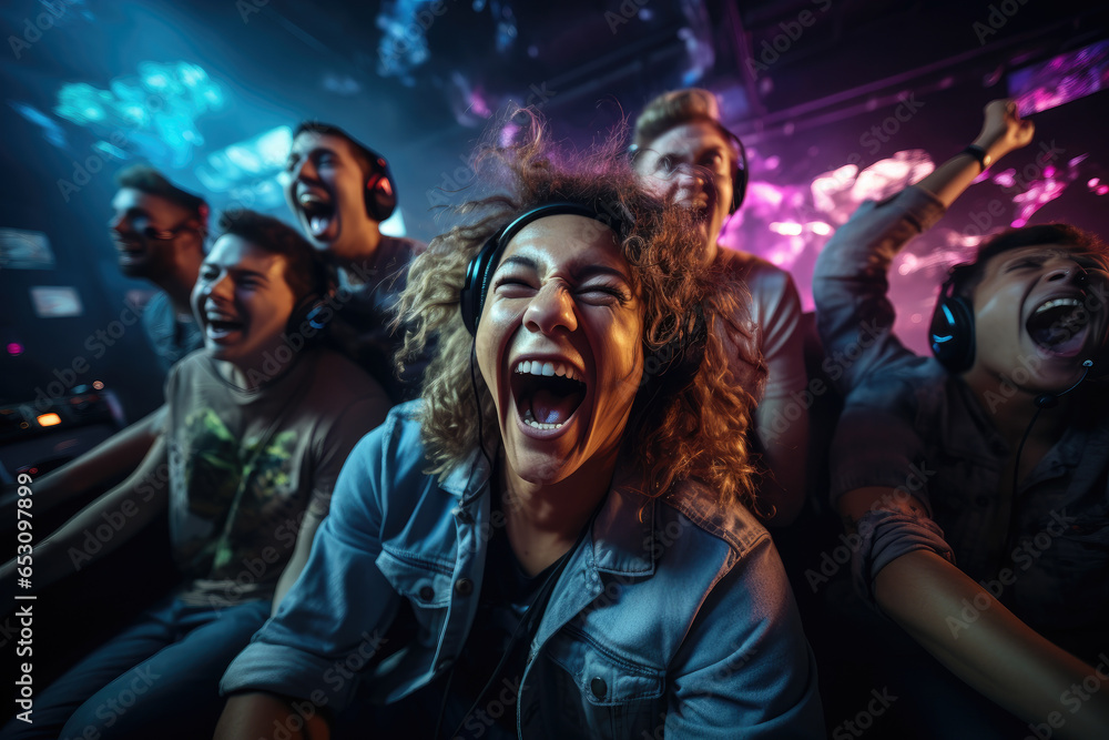 A group of friends immersed in an intense multiplayer video game session. Generative Ai. A group of friends immersed in an intense multiplayer video game session. Generative Ai.