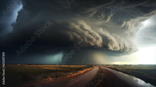 Amazing thunderstorm tornado supercell cloud on road.