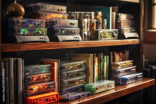 A gaming console and a collection of video game cases on a shelf. Generative Ai.