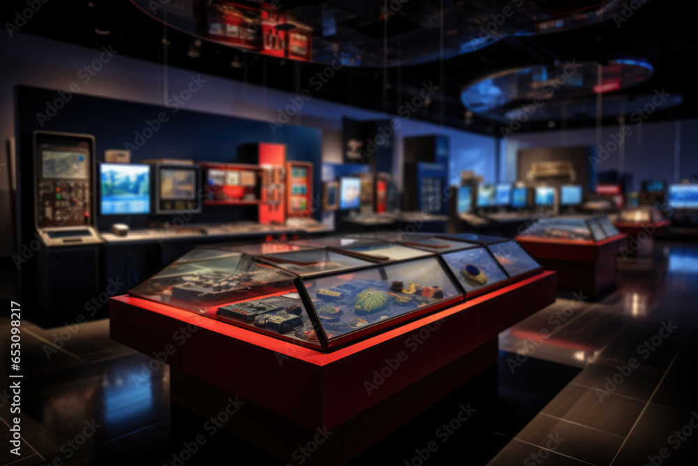 A video game museum displaying the history of gaming technology. Generative Ai. - obrazy, fototapety, plakaty 