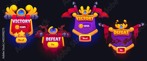 Game winner ui icon for victory and defeat button. Gold win and lose level frame design for interface. Gui medal element with flag concept. Lucky 2d isolated sign illustration with star player score