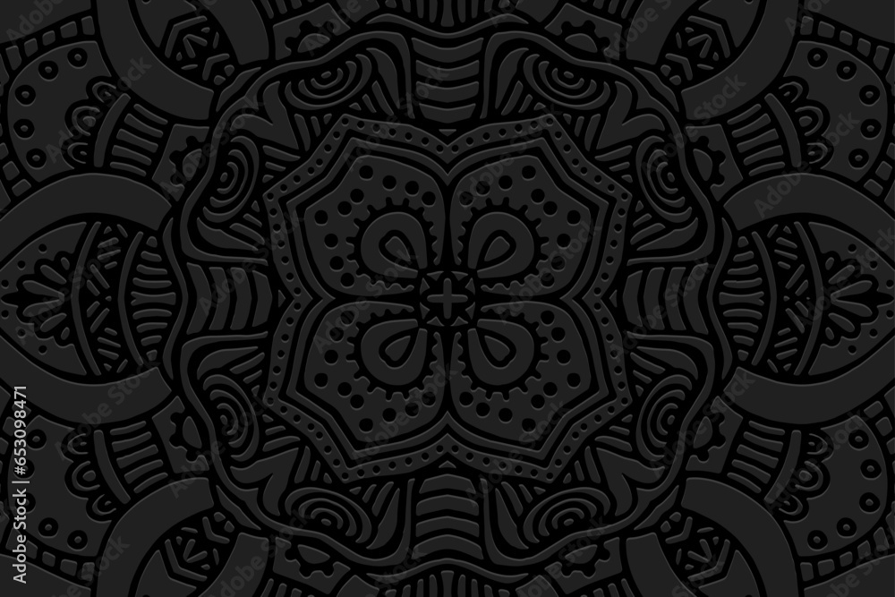 Fototapeta premium Embossed black background, cover design. Geometric ethnic floral 3D pattern, press paper, leather. Artistic mandala, boho, handmade. Original ornaments of the East, Asia, India, Mexico, Aztec, Peru.